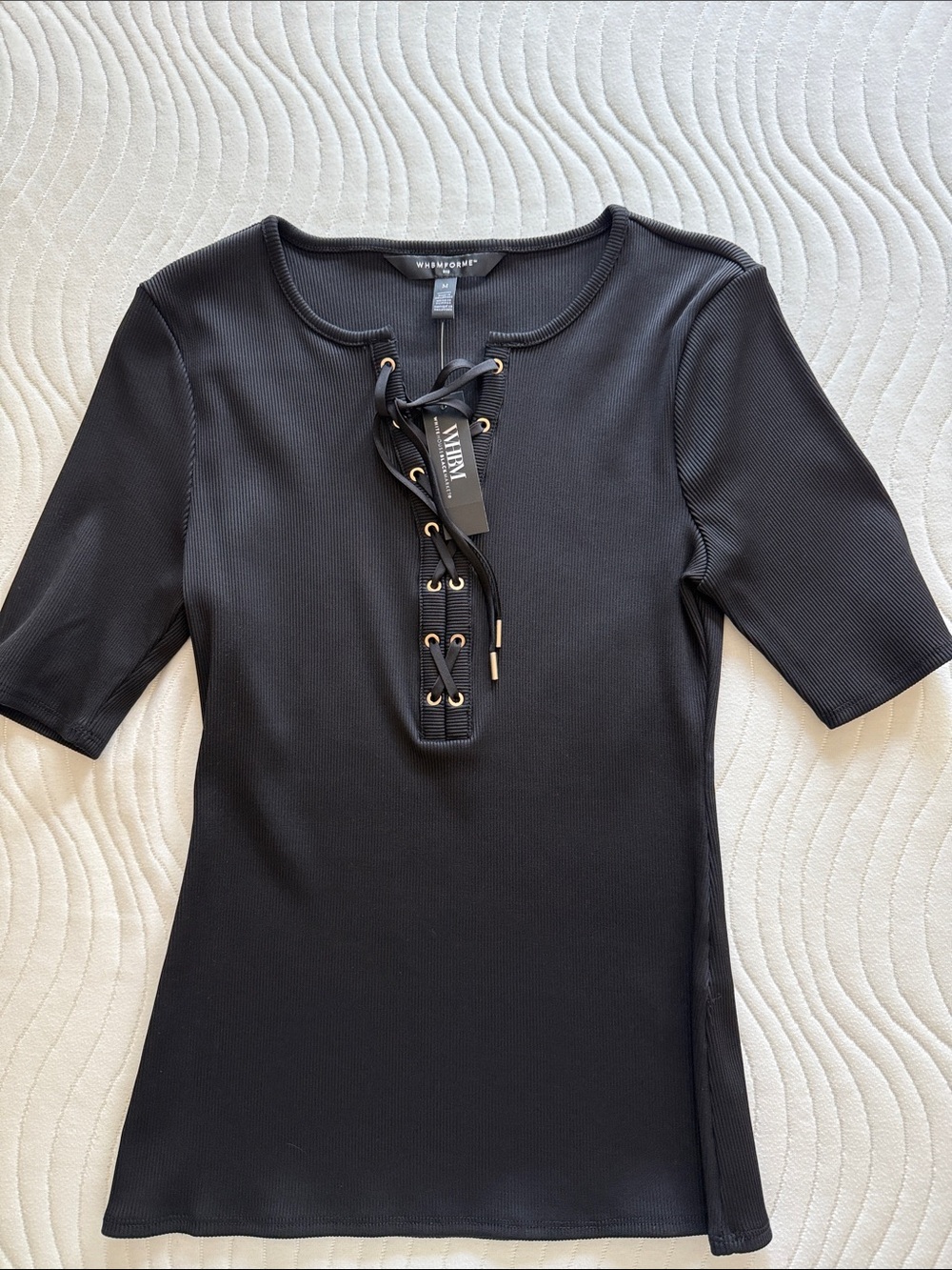 White House Black Market Black Ribbed Lace-Up Short Sleeve Top